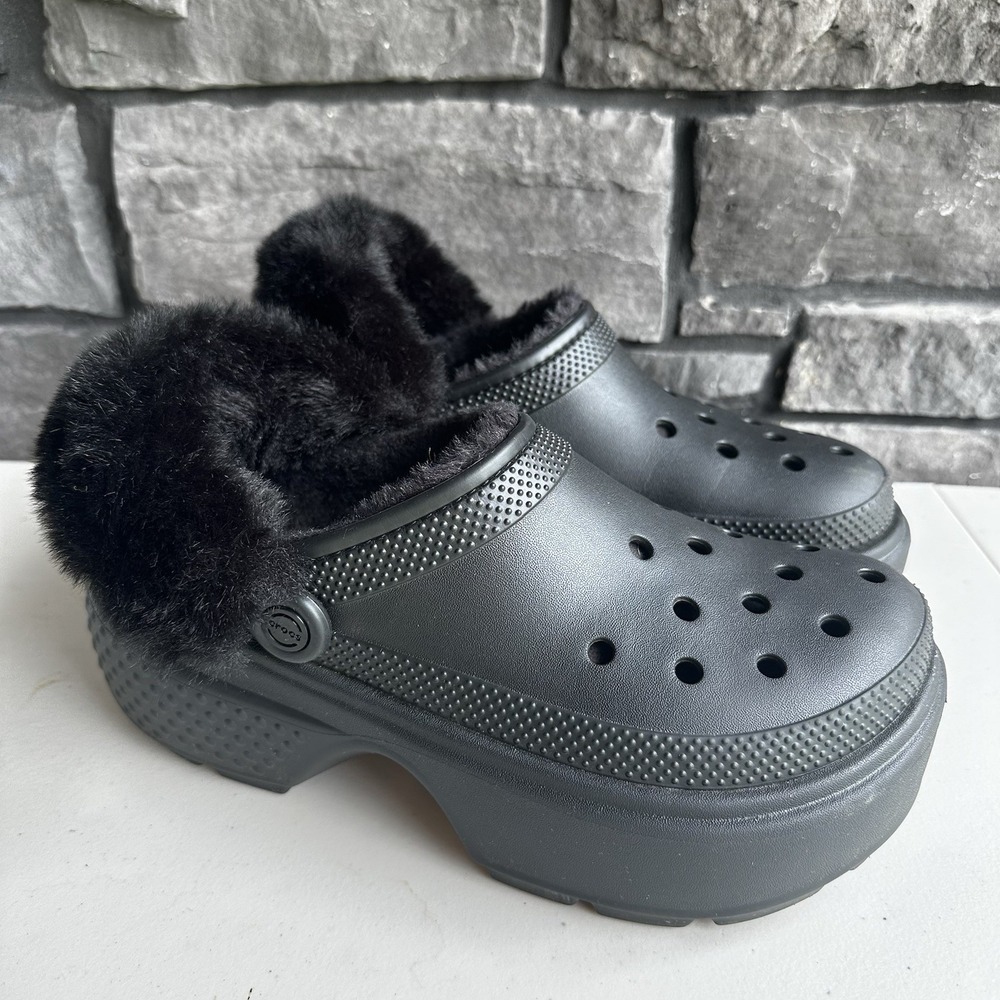 Crocs Stomp Lined Clog Women's Size 9 Black Fuzzy Slip-On Chunky Comfort Shoes
